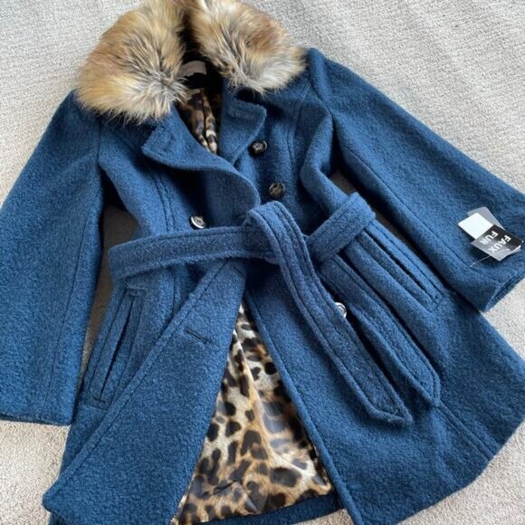 🔥NWT Laundry By Shelli Segal Wool Blend Double Breasted Faux Fur Collar Teal - Picture 2 of 13